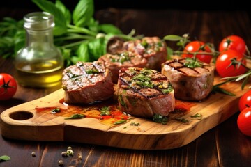 grilled lamb chops on a gourmet wooden board with spices