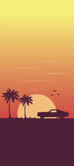 sunset on the beach with trees and classic car silhouette minimalist nature wallpaper for mobile phone
