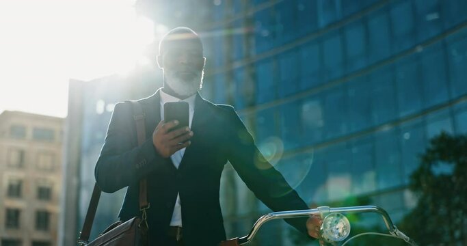 City, bicycle and business man with phone for travel ideas, thinking of career opportunity and transport in lens flare. Corporate executive or african boss with mobile chat and communication on bike