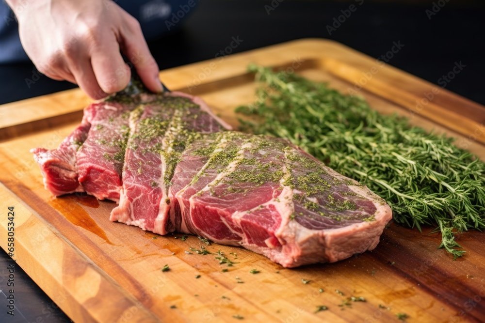 Sticker rubbing dry herbs onto a porterhouse steak before grilling