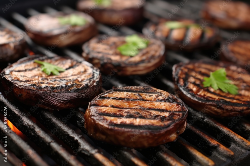 Sticker grilled portobello mushrooms on barbecue grille