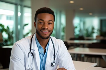 happy african american male doctor sitting at desk in hospital - Powered by Adobe