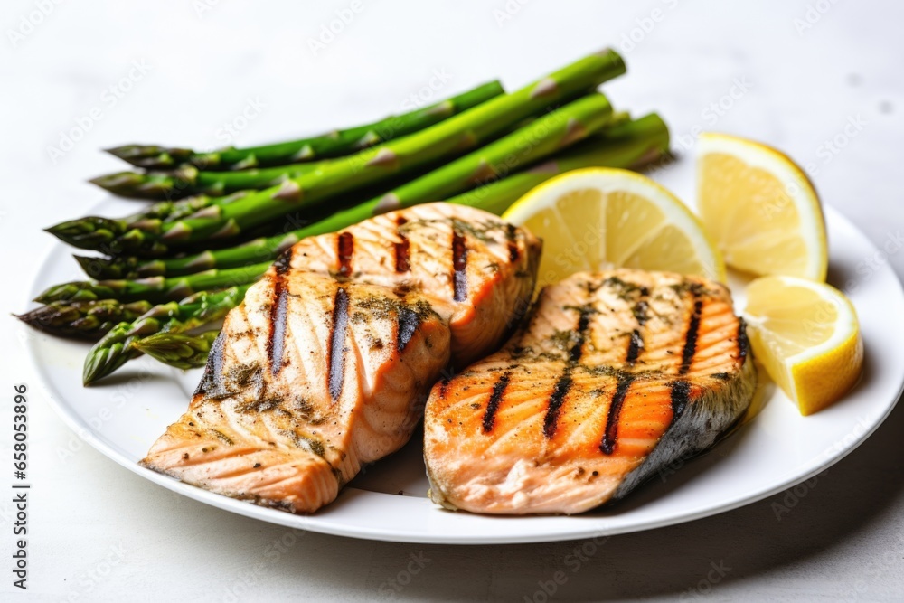 Poster a plate of perfectly grilled salmon steaks and asparagus