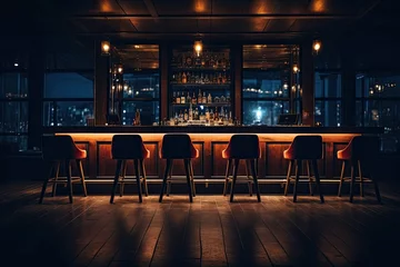 Fototapeten Bar interior with bar chairs and lights at night. Night scene. Bar counter in the dark night background with chairs in empty comfortable luxury restaurant, AI Generated © Iftikhar alam