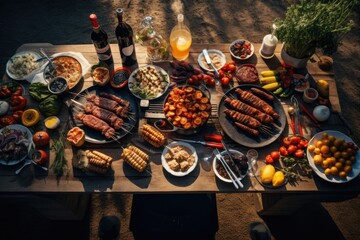 Top view of a table with food and wine on it. Selective focus. Barbeque cooking outdoor leisure party, top view, AI Generated - obrazy, fototapety, plakaty