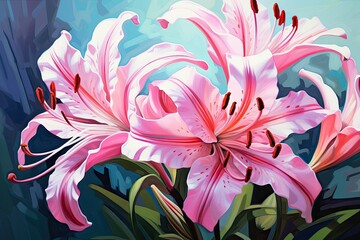 Pink lilies on a dark background. Illustration for your design, Beautiful botanic lily flower oil paint illustration, AI Generated
