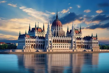 Fotobehang Hungarian Parliament building in Budapest, Hungary at sunset. Travel background. Beautiful building of Parliament in Budapest, popular travel destination, AI Generated © Iftikhar alam