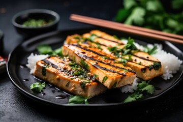 grilled tofu steak sprinkled with cilantro and black sesame seeds