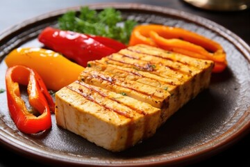 grilled tofu steak with red and yellow bell pepper slices