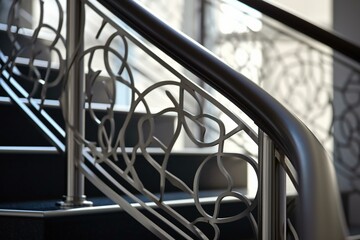 Close-up of stylish and contemporary steel staircase railing. Generative AI