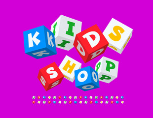 Vector playful signboard Kids Shop with 3D cube Font. Bright Creative Alphabet Letters and Numbers set