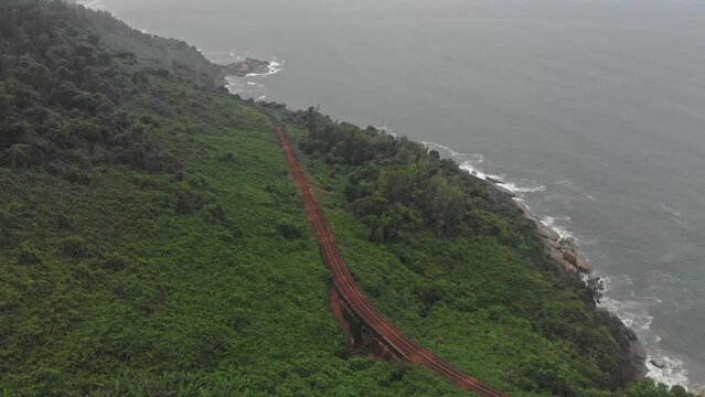 Drone view of beautiful Vietnam coastline at Hai van pass, aerial