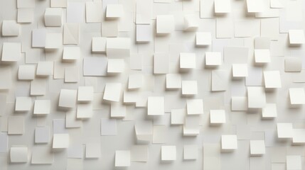 Sticky note on wall white background. A white wall with a sticky note pattern, consisting of various sizes of white squares and rectangles protruding from the wall. The squares and rectangles are