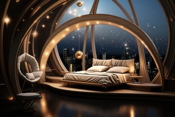 A bed that has a crescent shaped bed in it galaxy themed room.