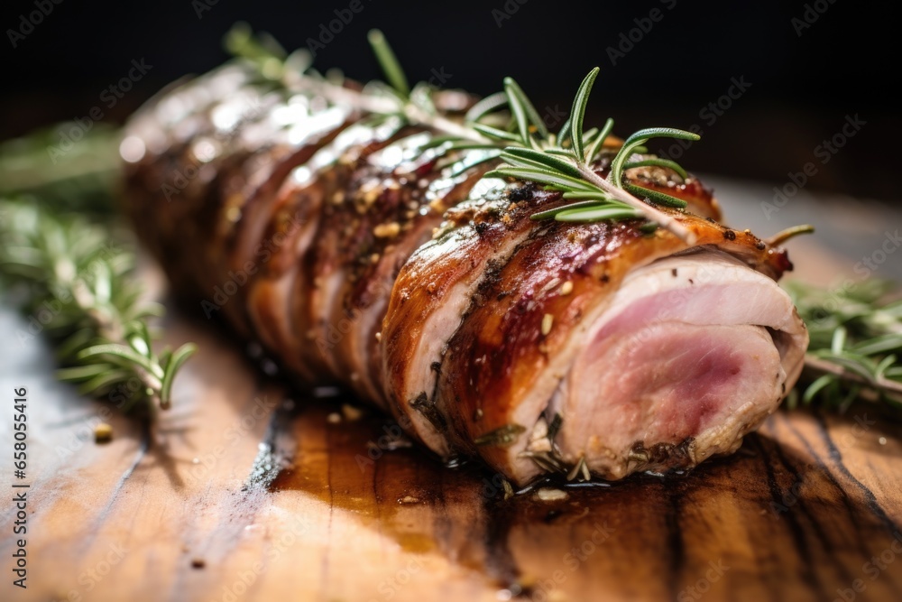 Sticker macro image of a rotating pork loin covered with rosemary and thyme