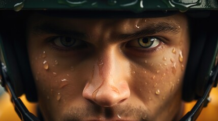 Close-up of a American football players focused eyes before taking a penalty.
