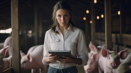 Farmer with pigs. Pig farming industry. Livestock pork breeding business. - obrazy, fototapety, plakaty