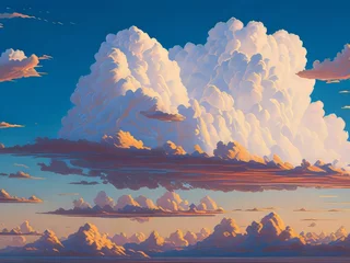 Zelfklevend Fotobehang Un paisaje sereno de nubes blancas y esponjosas flotando en un cielo azul claro, con toques de rosa y naranja del sol poniente © karloss2006