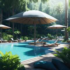 Luxurios Swiming Pool And Loungers, Holiday Vacancion Spa Hotel Resort, Relaxing Concept Background, Generative AI