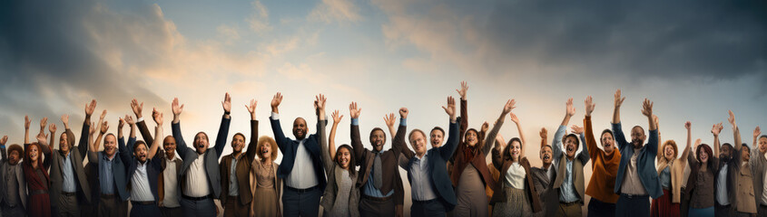 Large group of people celebrating with arms up on white background. - obrazy, fototapety, plakaty