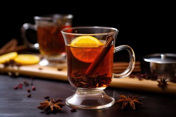 a close-up of a hot toddy with star anise floating