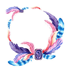 Round frame, wreath with bird feathers different colors Hand drawn illustration on white background for design, decorating invitations and cards, embroidery scheme, printing on packaging and textiles