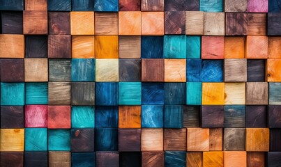Wood aged art architecture texture abstract block stack on the wall for background, Abstract colorful wood texture for backdrop, Generative AI