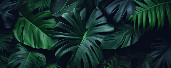 closeup tropical green leaf background. Flat lay, fresh wallpaper banner concept, Generative AI - obrazy, fototapety, plakaty