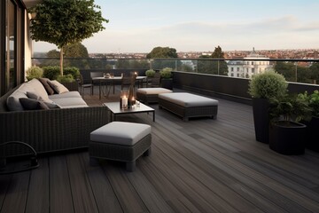 Outdoor terrace with composite decking. Generative AI - obrazy, fototapety, plakaty