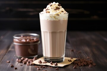 a frosty milkshake beside a cup of steaming hot chocolate