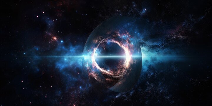 Black hole over star field in outer space, abstract space wallpaper with form of letter O and sparks of light with copy space. Elements of this image furnished by, Generative AI