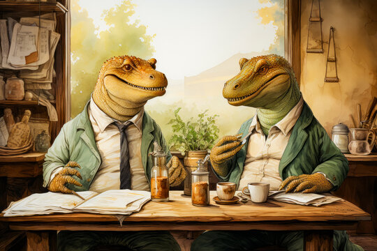 Couple of dinosaurs sitting at table next to each other.