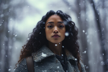 Multiethnic woman enjoying autumn in the woods on a snowy day