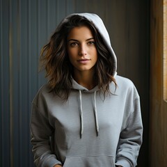 Fictional brunette with dark thick hair wearing an ash gray hoodie, close-up,