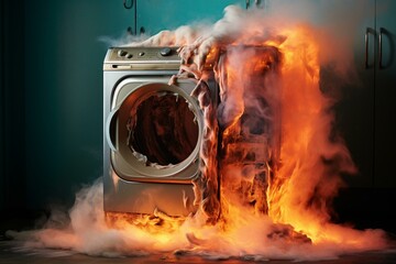 malfunctioning laundry appliance emitting smoke and flames. Generative AI