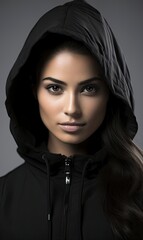 Black and white portrait of a young fictional woman with character and confidence wearing a black jacket.