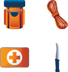 Tourist equipment icons set cartoon vector. Sport tourism. Touristic and trekking gear