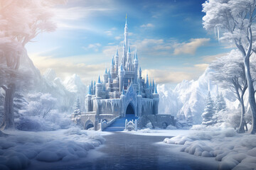 icy, snowy magical castel in a winter wonderland