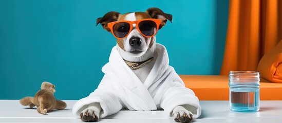 Jack Russell dog lounging at spa wearing robe and sunglasses