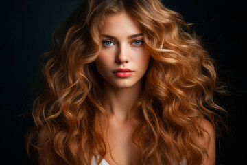 Woman with long, curly hair and blue eyes is posing for picture.