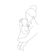 Abstract family silhouette. Happy mom kissing her newborn baby. One line art. Minimalistic vector illustration. Mother and child in linear style.