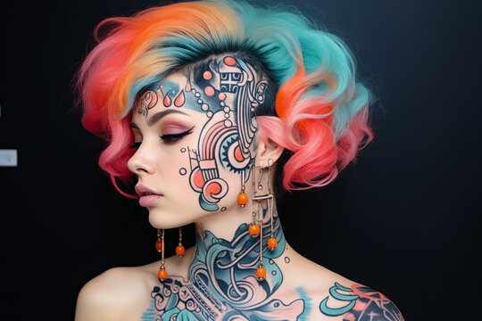 Woman with colorful hair and tattoos on her face and chest.