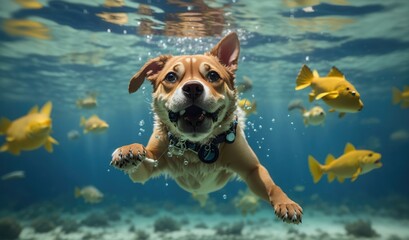 Amusing Underwater Capture Playful Dog in a Hilarious Photo.