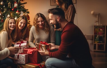 In their beautifully decorated Christmas home, a joyful family comes together to share the magic of the holiday season, opening presents with smiles of happiness and creating cherished memories