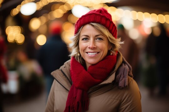 Portrait of happy middle-aged woman with red hat and scarf at Christmas market