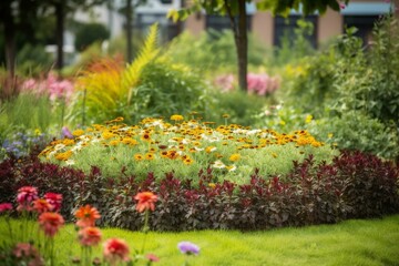 Flower bed surrounded by grass. Generative AI