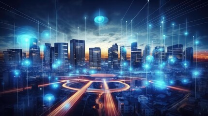 Fototapeta premium smart city and network connectivity with city street and buildings