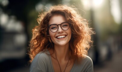 Amid the bustling urban energy and bathed in sunlight, a smiling woman wearing glasses exudes confidence and positivity, embodying the vibrant and trendy spirit of the city