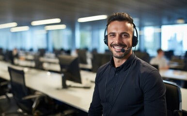 In the bustling call center a handsome man, engrossed in his work sits with headphones on ready to provide professional assistance and support to customers efficiency and effective communication