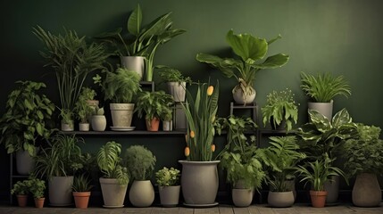 various potted plants sit on a green wall